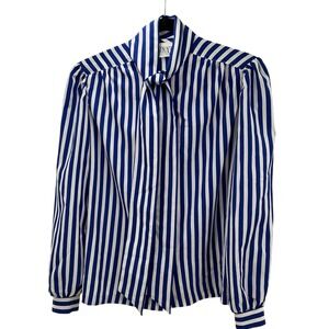 Russ Petites Blouse Womens 10 Blue White Striped Bow Tie Vintage 80s Nautical